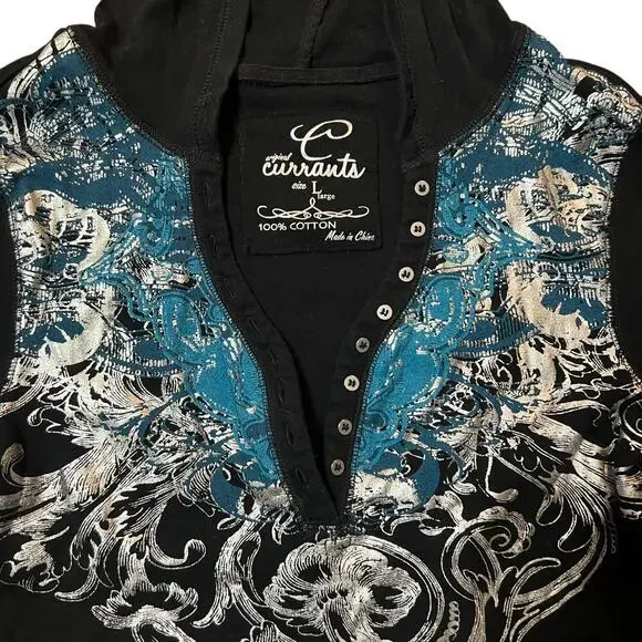 Y2K Currants Grunge Graphic Hooded Top Size Large - Picture 2 of 3